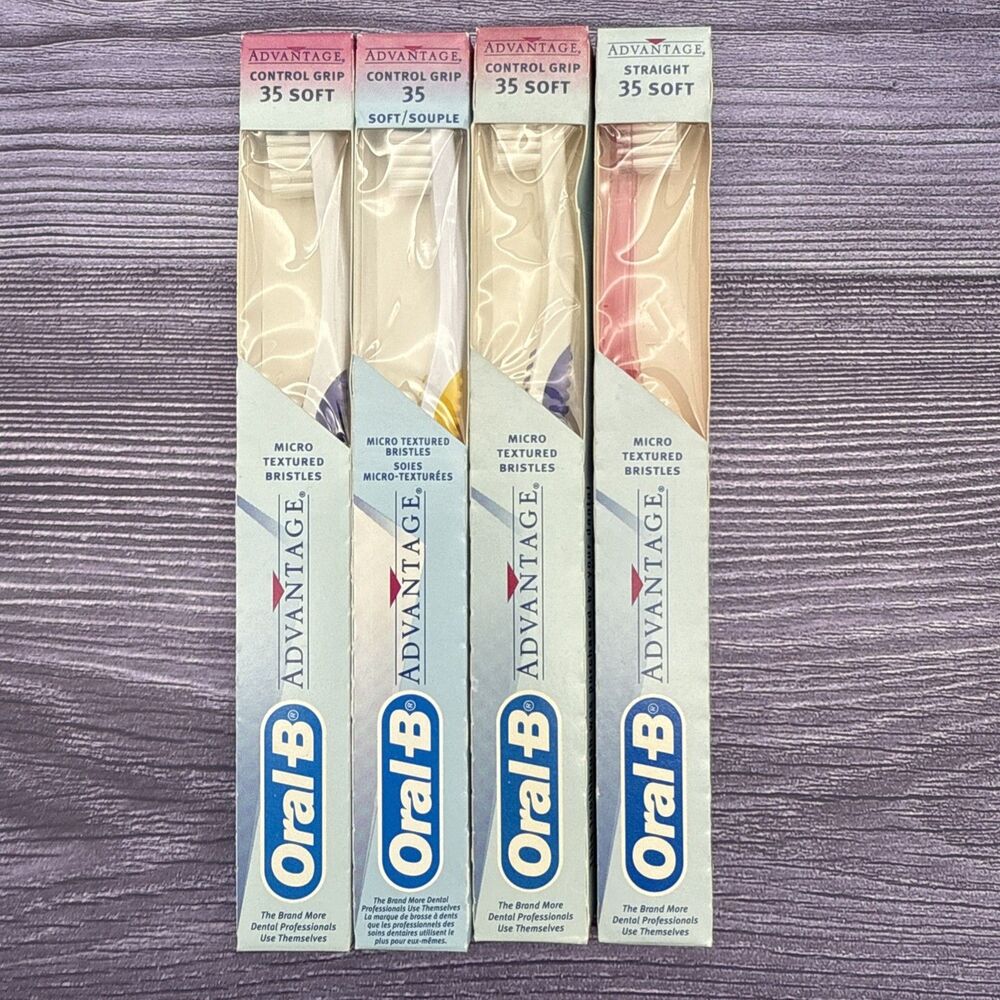 4 LOT 1996 Oral-B Advantage Toothbrush 35 Soft Control Grip Straight VTG NOS